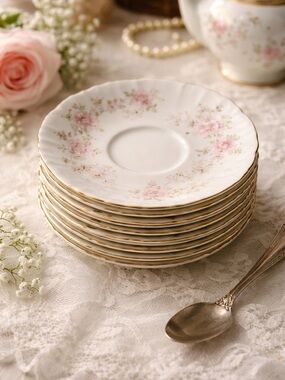 Vintage Syracuse China Federal Shape Saucers Pink Floral Gold Trim Set 8